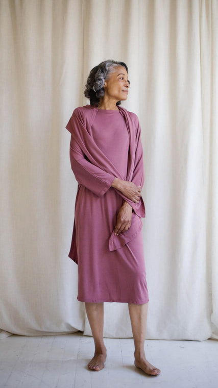 Load image into Gallery viewer, The Arkeras Classic hospital gown is used to enhance the patient experience. The best patient gowns bring joy in peony, shown here, or blue eco-friendly colors for senior or mid-life luxury health care.