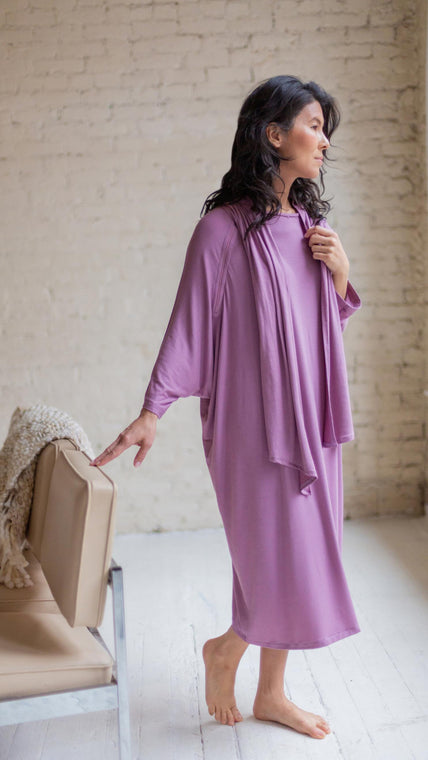 Load image into Gallery viewer, Hospital gown women like to wear is Arkeras Classic in Modal fabric. We love the soft lilac color to bring peace and harmony in one's life when they need dignity and love the most. Designer hospital gowns are always a must when its's needed dearly.
