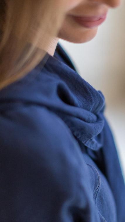 Load image into Gallery viewer, soft luxury in hospital gown care, accessible dressing made easy, navy blue linen