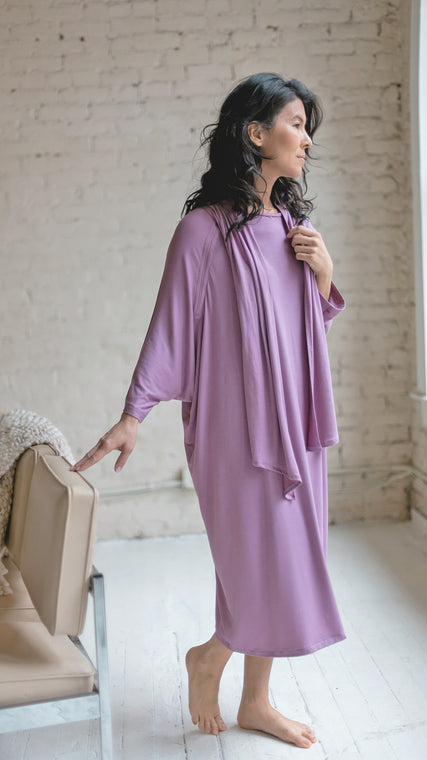 Load image into Gallery viewer, Woman wearing patient hospital gown in lilac modal fabric standing

